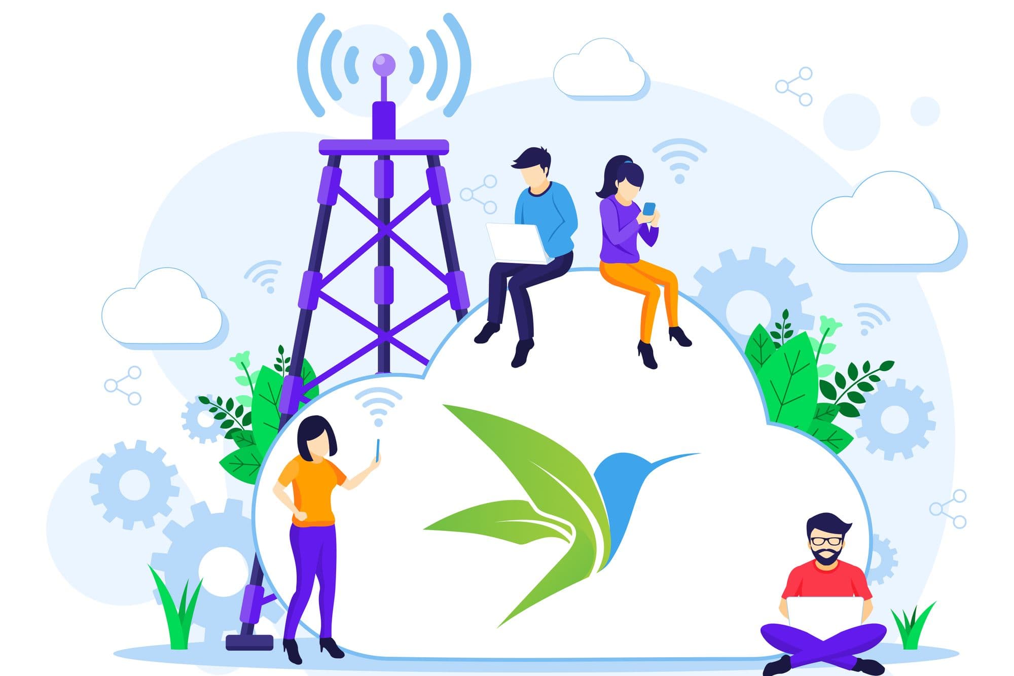 Illustration of 4 people using laptops and phones near a cell tower