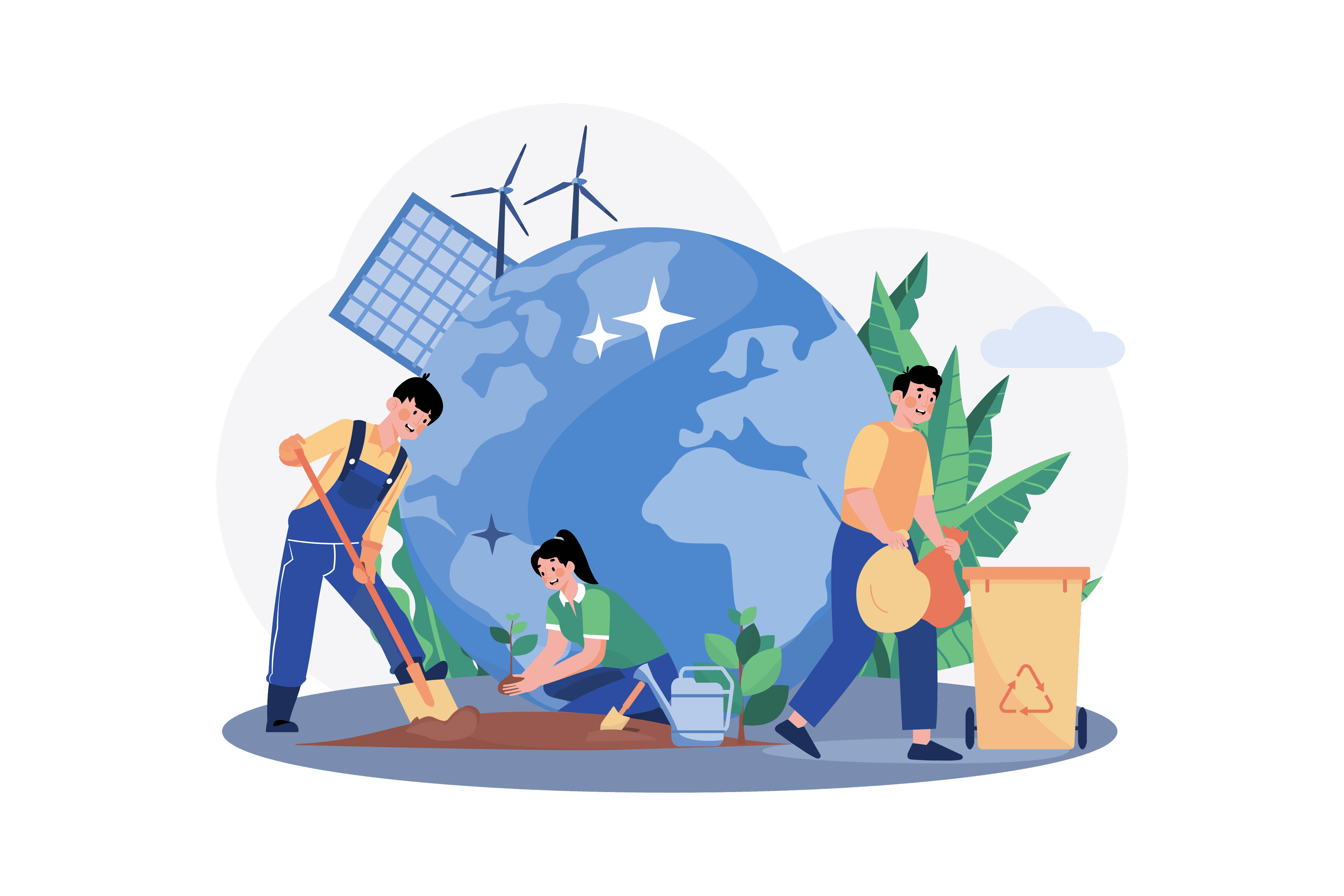 Illustration of three people cleaning the environment